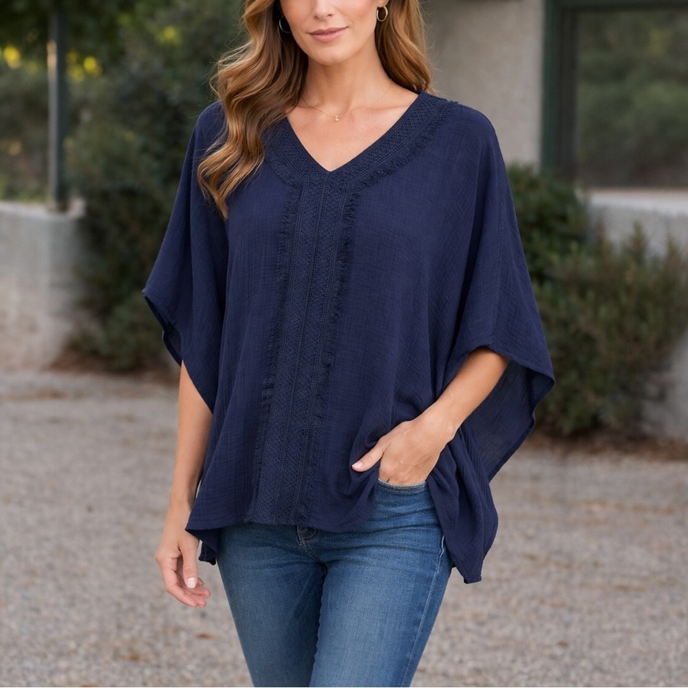 JM Collection Lace Trim Gauze Poncho Top w/ Attached Tank Blue M